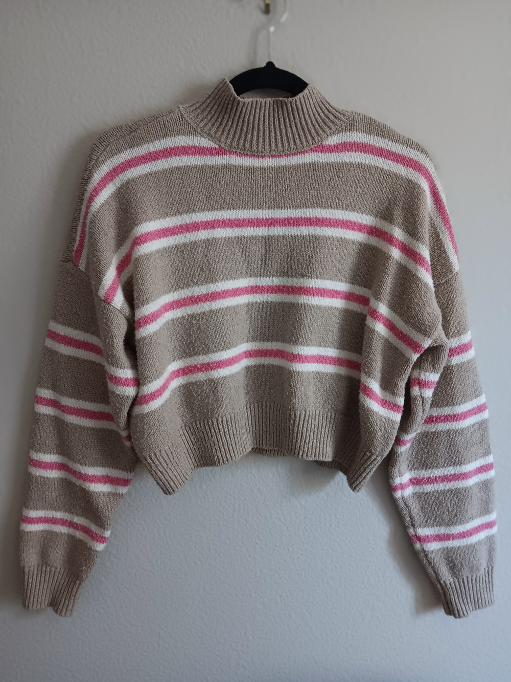 Forever 21 Taupe Striped Mock Neck Sweater with Pink & White Accents